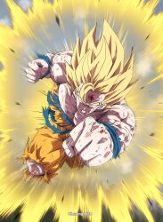  1boy absurdres attacking_viewer aura blood blood_on_face clenched_hands clenched_teeth commission dragon_ball dragon_ball_z flying full_body grey_hair highres horang4628 male_focus muscular muscular_male orange_pants pants punching punching_viewer solo son_goku spiky_hair super_saiyan super_saiyan_1 teeth 