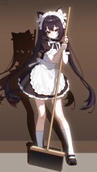  1girl absurdres alternate_costume animal_ear_fluff animal_ears apron black_dress black_shoes bow bowtie broom brown_eyes cat_ears cat_girl cat_tail chinese_commentary commentary_request dress enmaided frilled_apron frilled_hairband frills full_body hair_between_eyes hairband highres holding holding_broom indoors k-on! kemonomimi_mode kneehighs long_hair looking_at_viewer maid maid_headdress nakano_azusa red_bow shadow shoes short_sleeves sidelocks signature socks solo standing tail tail_bow tail_ornament twintails very_long_hair white_apron white_bow white_socks xi_cccii 