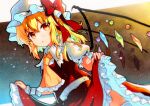  1girl ascot blonde_hair collared_shirt crystal flandre_scarlet frilled_shirt_collar frilled_skirt frilled_sleeves frills hat hat_ribbon highres medium_hair mob_cap one_side_up puffy_short_sleeves puffy_sleeves qqqrinkappp red_eyes red_ribbon red_skirt red_vest ribbon shirt short_sleeves skirt skirt_set solo touhou traditional_media vest white_headwear white_shirt wings wrist_cuffs yellow_ascot 