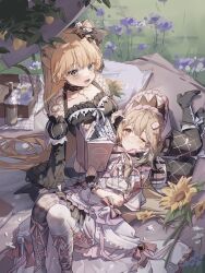  2girls :d arm_tattoo bib_collar black_choker black_dress black_thighhighs blonde_hair blue_eyes book boots bow bowtie braid cape character_request checkered_thighhighs chinstrap choker closed_mouth cross cross_earrings dress earrings fishnet_sleeves fishnets frilled_choker frilled_dress frilled_sleeves frills garter_belt grass hair_bow highres holding holding_book jewelry lace-up_boots layered_dress lolita_fashion long_hair long_sleeves lying_on_lap mahou_shoujo_no_majo_saiban midoo mole mole_under_eye multiple_girls one_eye_closed open_mouth picnic picnic_basket picnic_blanket pink_bow pink_bowtie pink_dress saeki_miria sample_watermark smile tattoo thigh-highs watermark white_cape yuri 