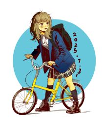  1girl absurdres backpack bag bicycle brown_hair chaojufei chinese_commentary commentary dated highres long_sleeves open_mouth original plaid_clothes plaid_skirt skirt solo 