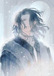  1boy artoirel_de_fortemps black_hair blue_eyes closed_mouth commentary_request earrings elezen elf final_fantasy final_fantasy_xiv floating_hair highres jewelry long_hair looking_at_viewer madaizi male_focus pointy_ears shirt single_earring snow snowing white_shirt 