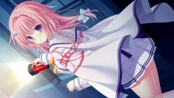  1girl back_bow bow bowtie cape da_capo da_capo_iv flashlight floating_cape from_behind game_asset hair_bow hair_ornament hands_up highres holding holding_flashlight indoors kisaragi_yuu_(kisaragiyu) long_hair long_sleeves looking_back miniskirt mishima_miu night non-web_source official_art pink_hair pleated_skirt purple_bow sailor_collar school_uniform serafuku shirt skirt sleeve_cuffs striped_clothes violet_eyes walking white_cape white_sailor_collar white_shirt white_skirt yellow_bow yellow_bowtie 