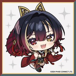  1girl agemaki_knot animal_on_shoulder asymmetrical_bangs asymmetrical_hair belt black_hair blonde_hair boots border brocade chain chain_earrings chibi chibi_only closed_eyes clothing_cutout colored_inner_hair commentary copyright_logo copyright_notice earrings epaulettes floral_print full_body gold_border gold_buckle gold_embroidery gold_trim gradient_thighhighs green_belt green_boots green_border green_lining green_thighhighs hair_ornament half-skirt hebi-san(kannagi_loki) heterochromia holding holding_umbrella japanese_clothes jewelry kannagi_loki kimono leaf_print logo long_hair looking_at_viewer merchandise_available multicolored_hair obi obijime official_art oil-paper_umbrella open_mouth parted_bangs phase_connect print_thighhighs red_border red_eyes red_hair red_nails red_robe red_rope red_thighhighs red_umbrella robe rope sash see-through_clothes see-through_skirt shinoda_mame shoelaces short_kimono simple_background single_earring single_thighhigh skirt smile snake snake_on_shoulder sparkle streaked_hair tassel thigh-highs umbrella underboob_cutout virtual_youtuber white_background white_snake wide_sleeves yellow_eyes 