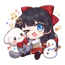  >_o 1girl :d ;d beamed_sixteenth_notes black_hair black_thighhighs blue_eyes blush_stickers bow braid brown_shoes chibi chobi_(penguin_paradise) collared_shirt commentary eighth_note hair_bow hair_ornament heart heart_hair_ornament highres long_hair long_sleeves musical_note one_eye_closed plaid_clothes plaid_skirt pleated_skirt red_bow red_skirt shirayuki_hina shirt shoe_soles shoes simple_background sitting skirt smile snowman solo stellive sweater_vest thigh-highs very_long_hair virtual_youtuber white_background white_shirt 