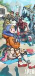  2girls 4boys android apex_legends ash_(titanfall_2) bandana black_hair blonde_hair blush bodysuit clone food fruit goggles goggles_on_head highres hood hood_up hooded_jacket humanoid_robot jacket laughing looking_to_the_side mirage_(apex_legends) multiple_boys multiple_girls nemoto_yuuma nessie_(respawn) official_art open_mouth orange_jacket pathfinder_(apex_legends) promotional_art red_bandana revenant_(apex_legends) science_fiction shadow shoes simulacrum_(titanfall) sitting smile sneakers storm_point_(apex_legends) stuffed_toy suikawari watermelon white_bodysuit white_footwear wraith_(apex_legends) yellow_bodysuit 
