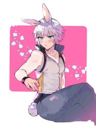  1boy animal_ears blue_eyes blue_pants blush commentary confused embarrassed furrowed_brow grey_hair hand_up high_collar highres invisible_chair kemonomimi_mode kingdom_hearts kingdom_hearts_3d:_dream_drop_distance leg_up looking_down male_focus nanase_chiori pants parted_lips pink_background rabbit rabbit_boy rabbit_ears rabbit_tail riku_(kingdom_hearts) short_hair sitting solo tail toned toned_male upper_body vest white_vest wristband 