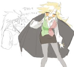  1girl 87godmen ahoge black_cape blonde_hair blush breasts brown_skirt cape closed_eyes collared_shirt commentary_request deltarune facing_viewer flowery_(deltarune) genderswap genderswap_(mtf) green_vest grey_pants highres holding holding_unworn_cape holding_unworn_clothes long_hair multicolored_vest pants pantyhose pencil_skirt red_vest shirt sketch skirt smile solo star_(symbol) swept_bangs translation_request two-tone_vest unworn_cape utdr_(toby_fox) vest white_shirt wing_collar 