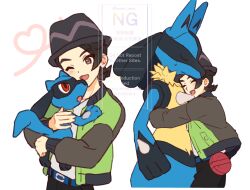  1boy :d ;d belt black_hair black_hat black_pants blue_belt blush brown_eyes commentary_request furry green_jacket hanao_nana hat heart holding holding_pokemon hug jacket lucario male_focus multiple_views one_eye_closed open_clothes open_jacket open_mouth pants paxton_(pokemon) pokemon pokemon_(creature) pokemon_legends:_z-a riolu shirt short_hair smile watermark white_background white_shirt 
