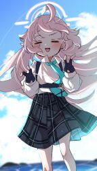  1girl :d ahoge black_gloves black_skirt blue_archive blue_necktie blue_sky blush closed_eyes clouds collared_shirt commentary_request day double_v facing_viewer fang feet_out_of_frame fingerless_gloves gloves halo hands_up highres hoshino_(blue_archive) long_hair long_sleeves necktie nyuyosuke_o_shigoto_boshuuchu open_mouth outdoors pink_hair pink_halo plaid_clothes plaid_skirt pleated_skirt shirt skirt sky smile solo v white_shirt 