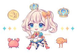  1girl blonde_hair blue_crown blue_eyes bow bowtie chibi crab crown dress fish genieart goldfish hair_bow looking_at_viewer marimari_(marimari_2.0)_(vtuber) marimari_(vtuber) mini_crown open_mouth orange_bow orange_bowtie phase_connect short_eyebrows side_ponytail solo virtual_youtuber white_background 