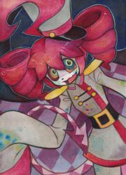  1girl :d absurdres ahoge animal_nose bellspiel belt black_belt blue_background cape charlotte_(madoka_magica) checkered_cape checkered_clothes colored_blush colored_skin commentary cowboy_shot demon_tail drill_hair epaulettes floating_cape fusion gekidan_inu_curry_(style) grey_hat grey_jacket grey_skirt hair_between_eyes hat highres huge_ahoge jacket kasane_teto kasane_teto_(sv) leaning_to_the_side long_sleeves looking_at_viewer mahou_shoujo_madoka_magica mahou_shoujo_madoka_magica_(anime) miniskirt multicolored_eyes open_mouth question_mark_ahoge red_hair shako_cap sideways_hat simple_background skirt sleeves_past_fingers sleeves_past_wrists smile solo standing synthesizer_v tail tetino_kassebaum twin_drills two-sided_cape two-sided_fabric utau white_skin 
