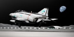  2others absurdres aircraft airplane canopy_(aircraft) commentary decal earth_(planet) english_commentary external_fuel_tank f-4_phantom_ii fictional_aircraft fighter_jet highres military military_vehicle multiple_others on_moon original outdoors planet plumbeus_0928 redesign runway science_fiction space spacecraft starfighter takeoff vehicle_focus 