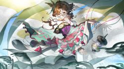  1girl blue_sky brown_eyes brown_hair butterfly_hair_ornament face_chain hair_ornament hand_up highres long_hair looking_at_viewer maliketh official_alternate_costume purple_hanfu reverse:1999 sky smile solo tooth_fairy_(reverse:1999) upper_body wide_sleeves 