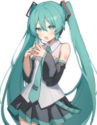  1girl absurdres aqua_belt aqua_hair aqua_nails aqua_necktie aqua_trim arm_tattoo bare_shoulders belt black_skirt black_sleeves collared_shirt commentary detached_sleeves double-parted_bangs fingernails hair_between_eyes hatsune_miku headset highres long_hair looking_at_viewer loose_belt miniskirt nail_polish necktie number_tattoo open_mouth own_hands_together pleated_skirt shiratakiseaice shirt skirt sleeveless sleeveless_shirt solo tattoo tie_clip twintails very_long_hair vocaloid white_background white_shirt 