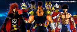  1970s_(style) 1980s_(style) 6+boys ;) abs absurdres animal_print armor artist_name ashita_no_joe bandaged_arm bandages belt belt_buckle berserk biceps black_cape black_gloves black_hair blue_jacket blue_pants bodysuit boxing boxing_gloves bracer brown_eyes brown_hair buckle cape closed_mouth coat duke_fleed eyepatch facebook_username gloves guts_(berserk) harlock harlock_saga helmet highres hokuto_no_ken huge_weapon jacket jolly_roger kenshiro long_hair luigi_antonio_merico manly mazinger_(series) mecha_pilot_suit multiple_boys muscular muscular_male one_eye_closed pants pegasus_seiya pirate_costume red_bodysuit red_shirt retro_artstyle saint_seiya scar scar_on_face science_fiction shirt short_hair shoulder_armor silver_armor silver_helmet skin_tight skull skull_and_crossbones smile star_(sky) starry_sky_background sword sword_on_back tiger_mask_(character) tiger_mask_(series) tiger_print uchuu_kaizoku_captain_harlock ufo_robo_grendizer weapon weapon_on_back wrestling_outfit yabuki_joe 