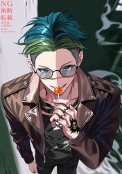  1boy absurdres blue_hair candy commentary_request food green_hair hair_slicked_back highres human_bug_daigaku jacket leather leather_jacket male_focus original solo 