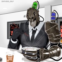  artist_name black_gloves black_hair black_jacket black_necktie bowl chopsticks claw_(project_moon) commentary_request cup eating food gloves highres holding holding_chopsticks indoors jacket library_of_ruina mask mechanical_arms necktie nijiiro_(graynbow_wolf) noodles project_moon shirt single_mechanical_arm solo sweeper_(project_moon) white_shirt window 