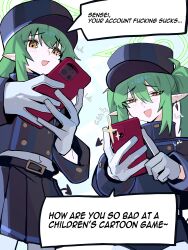  2girls absurdres black_gloves black_hat black_jacket blue_archive cellphone commentary distr earrings english_commentary english_text fang gloves green_hair green_halo hair_between_eyes halo hat highres hikari_(blue_archive) holding holding_phone jacket jewelry long_sleeves multiple_girls nozomi_(blue_archive) open_mouth phone pointy_ears siblings single_earring sisters skin_fang smartphone smile speech_bubble twintails white_gloves yellow_eyes 