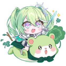  1girl :d armored_boots blue_cape blush_stickers boots cape chibi chobi_(penguin_paradise) clover commentary english_commentary four-leaf_clover green_hair hair_between_eyes highres holding holding_sword holding_weapon long_hair multicolored_hair pleated_skirt simple_background skirt smile solo stellive streaked_hair sword twintails violet_eyes virtual_youtuber weapon white_background white_hair white_skirt yuzuha_riko 