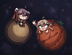  2girls ahoge ash_twin asymmetrical_legwear black_background black_cardigan black_skirt black_thighhighs blue_eyes bow broken_heart broken_heart_hair_ornament brown_hair brown_shoes brown_thighhighs cardigan chibi chibi_only commentary ember_twin english_commentary evil_neuro-sama evil_neuro-sama_(1st_costume) grey_skirt hair_between_eyes hair_bow hair_ornament heart heart_hair_ornament highres loafers long_hair lying miniskirt mitboy multiple_girls neuro-sama neuro-sama_(1st_costume) on_stomach open_hand open_mouth outer_wilds outstretched_arm planet pleated_skirt reaching red_bow red_eyes shirt shoes siblings sisters sitting skirt skull_hair_ornament space star_(sky) thigh-highs triangle_mouth twins two_side_up uneven_legwear vedal_ai white_shirt yellow_cardigan 
