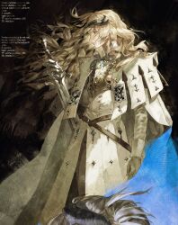  1boy arm_up black_gloves blonde_hair blue_eyes cape closed_mouth coat commentary commission english_commentary floating_hair from_side gloves highres holding holding_sword holding_weapon horns long_hair long_sleeves louis_(metaphor:_refantazio) male_focus metaphor:_refantazio profile sleeve_cuffs solo standing sword watermark weapon white_cape white_coat yurcha 