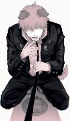  1boy animal_ears cake cake_slice chainsaw_man commentary_request denji_(chainsaw_man) dog_ears food food_on_clothes food_on_face from_above gakuran highres jacket leash looking_at_viewer male_focus open_mouth pants pet_play plate sakanaya0108 school_uniform shadow short_hair simple_background solo_focus squatting viewer_holding_leash white_background 