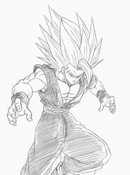  1boy absurdres claw_pose closed_mouth cropped_legs dougi dragon_ball dragon_ball_super dragon_ball_super_super_hero foreshortening gohan_beast greyscale highres leaning_forward lineart long_hair looking_at_viewer monochrome muscular roub3d sash serious signature simple_background sketch sleeveless solo son_gohan spiky_hair squatting very_long_hair white_background wristband 