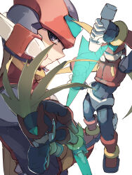  1boy absurdres armor black_eyes blonde_hair commentary_request energy_sword forehead_jewel full_body helmet highres holding holding_sword holding_weapon long_hair male_focus mega_man_(series) mega_man_zero_(series) multiple_views omochi_(mochi_skymega) red_armor red_helmet simple_background sword upper_body weapon white_background z_saber zero(z)_(mega_man) zero_(mega_man) 