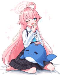  1girl absurdres ahoge barefoot black_skirt blue_archive blue_eyes blue_necktie blush collared_shirt commentary_request fang full_body halo highres hoshino_(blue_archive) long_hair long_sleeves menaguro necktie one_eye_closed open_mouth pink_hair pink_halo pleated_skirt shirt simple_background sitting skin_fang skirt solo stuffed_whale white_background white_shirt 