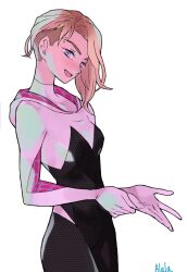  1girl absurdres asymmetrical_hair blonde_hair blue_eyes bodysuit breasts commentary_request cowboy_shot eyebrow_piercing eyelashes face_piercing gwen_stacy highres hood hood_down marvel multicolored_bodysuit open_mouth piercing short_hair sidecut signature simple_background smile solo spider-gwen spider-man:_into_the_spider-verse spider-man_(series) spider-verse superhero_costume sushi_pizza_rrr teeth two-tone_bodysuit undercut upper_teeth_only white_background 
