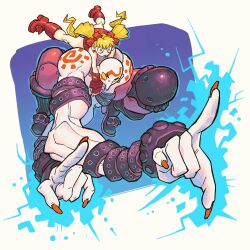  1boy 1girl \n/ armor bald blonde_hair blue_eyes boots captionpanic carrying crossover drill_hair earrings effie_(street_fighter) fingerless_gloves fingernails full_body gloves hair_ornament hair_scrunchie highres index_finger_raised jewelry knee_boots leotard long_fingernails long_hair muscular nail_polish necro_(street_fighter) no_pupils open_mouth pointing red_gloves red_leotard red_nails scrunchie sharp_fingernails shoulder_carry size_difference smile spikes street_fighter street_fighter_iii_(series) tattoo twin_drills twintails 
