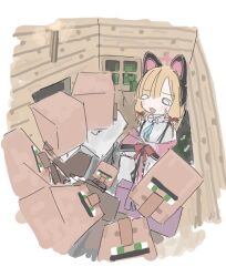  1girl animal_ear_headphones animal_ears bald blonde_hair blue_archive cat_ear_headphones cat_ears crossover east-west_crossover fake_animal_ears green_eyes halo headphones low-tied_sidelocks minecraft momoi_(blue_archive) pink_halo sidelocks villager_(minecraft) yaruki_(kodlerqzjufgnkp) 