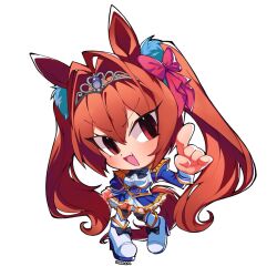  1girl :d animal_ears black_bow blue_dress border bow bowtie brown_hair chibi chibi_only commentary daiwa_scarlet_(peak_blue)_(umamusume) daiwa_scarlet_(umamusume) dress english_commentary fang full_body hair_between_eyes hair_ornament hair_scrunchie highres horse_ears horse_girl horse_tail index_finger_raised long_hair long_sleeves looking_at_viewer open_mouth red_bow saewiam scrunchie simple_background skin_fang smile solo tail tiara twintails umamusume v-shaped_eyebrows very_long_hair white_background white_border 