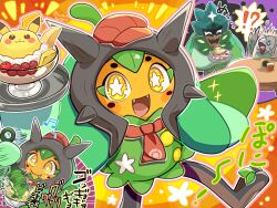  1other commentary_request fangs hat highres looking_at_viewer mask ogerpon ogerpon_(teal_mask) open_mouth orange_background pikachu pokemon pokemon_(creature) pokemon_cafe_remix red_hat rowlet runachikku scared scorbunny star-shaped_pupils star_(symbol) symbol-shaped_pupils yellow_eyes 