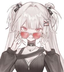  1girl :p adjusting_eyewear artist_name black_choker black_shirt breasts choker commentary double-parted_bangs hair_ornament hair_ribbon honkai:_star_rail honkai_(series) jewelry kano_kano_777 long_sleeves medium_breasts multicolored_nails necklace official_alternate_costume official_alternate_hairstyle ribbon shirt simple_background solo sparkle_(honkai:_star_rail) sparxie_(honkai:_star_rail) sunglasses tongue tongue_out twintails two_side_up upper_body white_background x_hair_ornament 