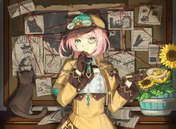  2girls absurdres alice_(alesssu) aqua_eyes brown_coat brown_gloves brown_hat cat charlotte_(genshin_impact) charlotte_(hurlock_variations)_(genshin_impact) coat coat_dress dress flower genshin_impact gloves hat highres holding holding_magnifying_glass kirara_(genshin_impact) long_sleeves magnifying_glass monocle multiple_girls newsboy_cap official_alternate_costume pink_hair plant poster_(object) potted_plant short_hair smile sunflower v-shaped_eyebrows 