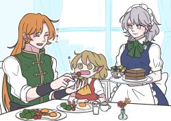  3girls apron ascot back_bow blonde_hair blue_dress bow bowtie braid bread bread_slice breakfast broccoli chair cherry_tomato closed_eyes closed_mouth collared_shirt commentary_request danna_(dng_satou) dress feeding flandre_scarlet flower flower_request food food_art fork fried_egg green_bow green_bowtie green_vest grey_eyes grey_hair hair_bow highres holding holding_fork holding_plate hong_meiling izayoi_sakuya long_hair maid maid_headdress missing_headwear missing_wings multiple_girls on_chair open_mouth orange_hair pinafore_dress pink_flower plate pointy_ears red_vest sausage shirt sitting sleeveless sleeveless_dress sleeves_rolled_up smile table tako-san_wiener tomato touhou translation_request twin_braids vase vest waist_apron white_apron white_bow white_shirt yellow_ascot yellow_eyes 