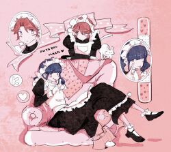  2girls :p :q ;p akanbe animal apron armchair ascot bandaid black_dress black_shoes blue_hair blunt_bangs blush candy cat chair character_name closed_mouth commentary couch crossed_arms dress earrings enmaided eyelid_pull finger_to_cheek food frilled_apron frilled_sleeves frills full_body hair_between_eyes hanayagi_kaoruko hand_up heart highres holding holding_candy holding_food holding_lollipop isurugi_futaba jewelry juliet_sleeves leaning_on_object lollipop long_dress long_sleeves looking_at_another looking_at_viewer maid maid_headdress mary_janes medium_hair multiple_girls multiple_views on_chair on_couch one_eye_closed parted_bangs pink_ribbon portrait puffy_sleeves reclining red_hair ribbon shoes short_hair shoujo_kageki_revue_starlight socks stud_earrings tongue tongue_out violet_eyes white_apron white_ascot white_socks xilailiu33942 yellow_eyes 