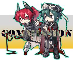  2girls alternate_costume ankle_boots black_bodysuit black_coat black_hat bodysuit boots buckle chibi chinese_commentary coat commentary_request commission hat headpiece highres holding holding_scythe leaning_forward long_coat multiple_girls onozuka_komachi rod_of_remorse scythe shiki_eiki touhou watermark xixiliyaren 