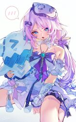  1girl absurdres bibisuka blue_eyes blush bow citlali_(genshin_impact) citlali_(whispers_of_stars_and_smoke)_(genshin_impact) commentary_request facial_hair genshin_impact highres holding holding_pillow long_hair pillow purple_bow purple_hair sitting sleep_mask spoken_blush wariza white_background 