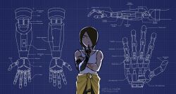  1girl arm_cannon black_hair blue_background brown_hair clothes_around_waist cyberpunk cyborg finger_to_mouth hair_over_one_eye highres index_finger_raised looking_at_viewer mechanical_arms mii_(nintendo) mii_gunner mii_gunner_(smash_ultimate) miis_a_crowd prosthesis prosthetic_arm scar scar_on_arm science_fiction short_hair single_mechanical_arm smile solo super_smash_bros. tank_top weapon white_tank_top yellow_eyes 