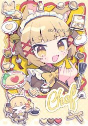  >_< 1girl :3 :d animal_ear_fluff animal_ears blonde_hair blunt_bangs blush_stickers border bow bowtie brown_dress chibi chibi_inset commentary dress fox_ears fox_girl fox_tail grid_background heart highres kanamochi_kanato long_sleeves maid maid_headdress open_mouth original short_hair smile spatula tail thick_eyebrows twitter_username upper_body x3 xd yellow_background yellow_border yellow_bow yellow_bowtie yellow_eyes 