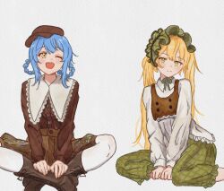  :d ;d absurdres blonde_hair blue_hair boots braid braided_hair_rings brown_hat brown_pants brown_shirt brown_shoes chinese_commentary chinstrap closed_mouth collared_dress commentary_request crossed_legs dress frilled_dress frilled_headwear frills green_eyes green_headdress green_skirt hair_rings hat highres lace-up_boots long_hair long_sleeves mahou_shoujo_no_majo_saiban official_alternate_costume one_eye_closed open_mouth pants shirt shoes short_hair simple_background sitting skirt smile superbigneet tachibana_sherry teeth tono_hanna treasure_cafe twintails upper_teeth_only white_background yellow_eyes 