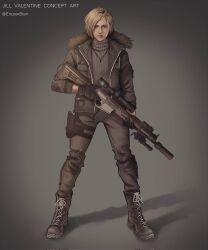  1girl artist_name black_boots black_gloves black_jacket blonde_hair boots character_name commentary english_commentary ericson_blum fur-trimmed_jacket fur_trim gloves grey_background gun highres holding holding_gun holding_weapon jacket jewelry jill_valentine necklace resident_evil resident_evil_village short_hair simple_background sweater thigh_strap turtleneck turtleneck_sweater weapon 