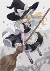  1girl absurdres apron black_skirt black_vest blonde_hair bow braid broom closed_mouth commentary hair_bow hat hat_bow highres holding holding_broom kirisame_marisa long_hair looking_at_viewer mary_janes shirt shoes short_sleeves side_braid single_braid skirt smile solo touhou user_ardu5834 vest waist_apron white_bow white_shirt witch_hat yellow_eyes 