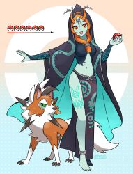  1girl absurdres barefoot black_cloak black_skin black_skirt blue_skin breasts cloak colored_sclera colored_skin commentary crossover english_commentary enni front_ponytail highres holding holding_poke_ball hood hooded_cloak long_skirt lycanroc lycanroc_(dusk) medium_breasts midna midna_(true) midriff multicolored_skin orange_hair poke_ball poke_ball_(basic) pokemon red_eyes side_slit skirt smile solo the_legend_of_zelda the_legend_of_zelda:_twilight_princess two-tone_skin yellow_sclera 