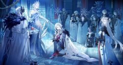  5girls 6+boys absurdres anastasya_feodorovna_snezhnaya aqua_hair arlecchino_(genshin_impact) ascot black_eyes black_gloves black_hair black_hands blonde_hair blue_dress bow bowtie breasts brown_hair cane capelet capitano_(genshin_impact) closed_mouth coat colored_extremities commentary delusion_(genshin_impact) dottore_(genshin_impact) dress earrings elbow_gloves english_commentary expressionless eye_mask facial_hair fatui_coat full_body fur-trimmed_capelet fur-trimmed_coat fur_trim genshin_impact glasses gloves grey_pants hair_bun hair_ornament helmet high_heels highres holding holding_cane holding_sword holding_weapon indoors jewelry knighting large_breasts long_hair looking_at_another ltanuko39831 maid_headdress mask multicolored_hair multiple_boys multiple_girls mustache on_one_knee pantalone_(genshin_impact) pants parted_lips pierro_(genshin_impact) pointy_ears pulcinella_(genshin_impact) pulonia_(genshin_impact) pumps purple_hair red_pupils robot sandrone_(genshin_impact) scaramouche_(genshin_impact) short_hair signora_(genshin_impact) smile standing streaked_hair sword symbol-shaped_pupils tiara very_long_hair weapon white_ascot white_bow white_coat white_gloves white_hair window wing_hair_ornament x-shaped_pupils 