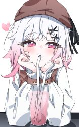  1girl commentary drinking_straw fugu43 gradient_hair grey_hair hands_on_own_cheeks hands_on_own_face highres looking_at_viewer mahou_shoujo_no_majo_saiban medium_hair multicolored_hair official_alternate_costume pink_eyes pink_hair sakuraba_ema shirt simple_background solo treasure_cafe white_background white_shirt 