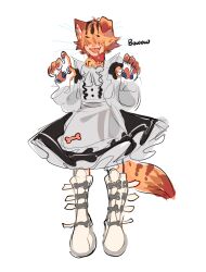  1boy :p animal_ears animal_hands bell bone_necklace boots cat_boy cat_ears cat_paws collar dog_boy dog_ears dress drooling fangs folded_ear freckles girly_boy grey_dress hair_over_eyes highres knee_boots maid male_focus molokomyau neck_bell orange_tail original red_collar short_hair simple_background sketch tail tongue tongue_out whiskers white_background white_boots 